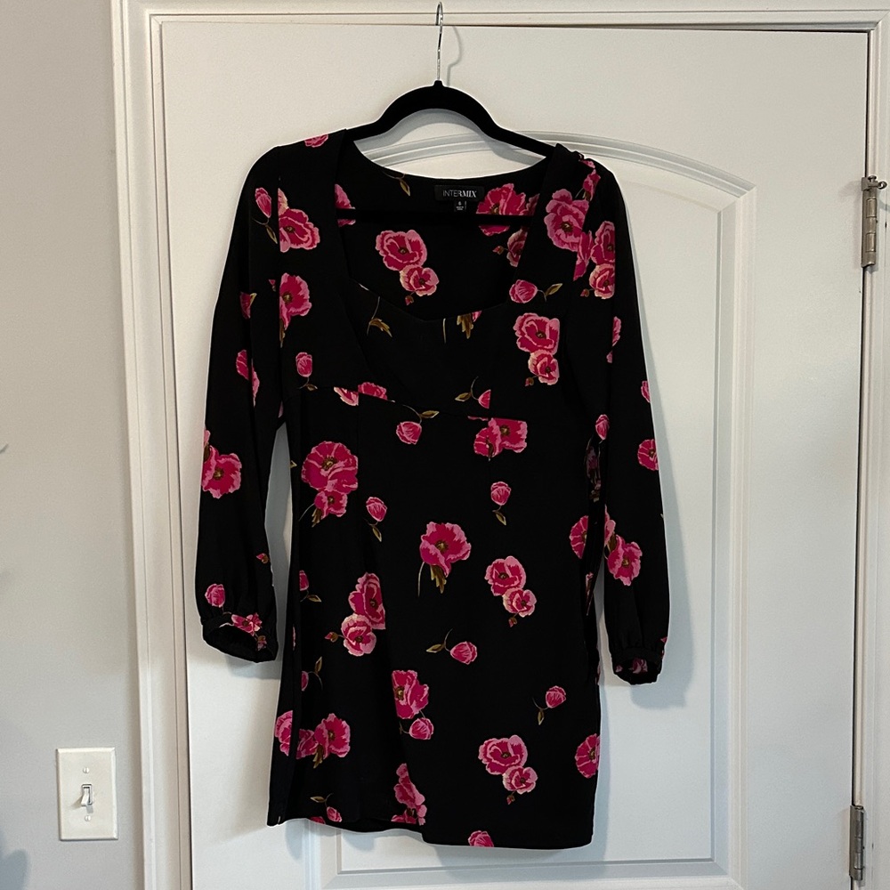 INTERMIX Black Dress with Pink Floral Pattern